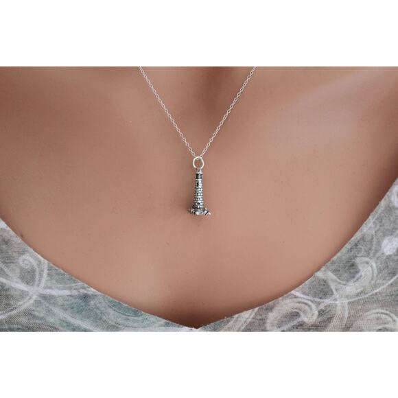 Sterling Silver Oxidized Lighthouse Charm Necklace - Picture 3 of 7